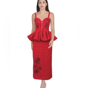 Fanm Mon Red Peplum Midi Dress with Dark Floral Detail